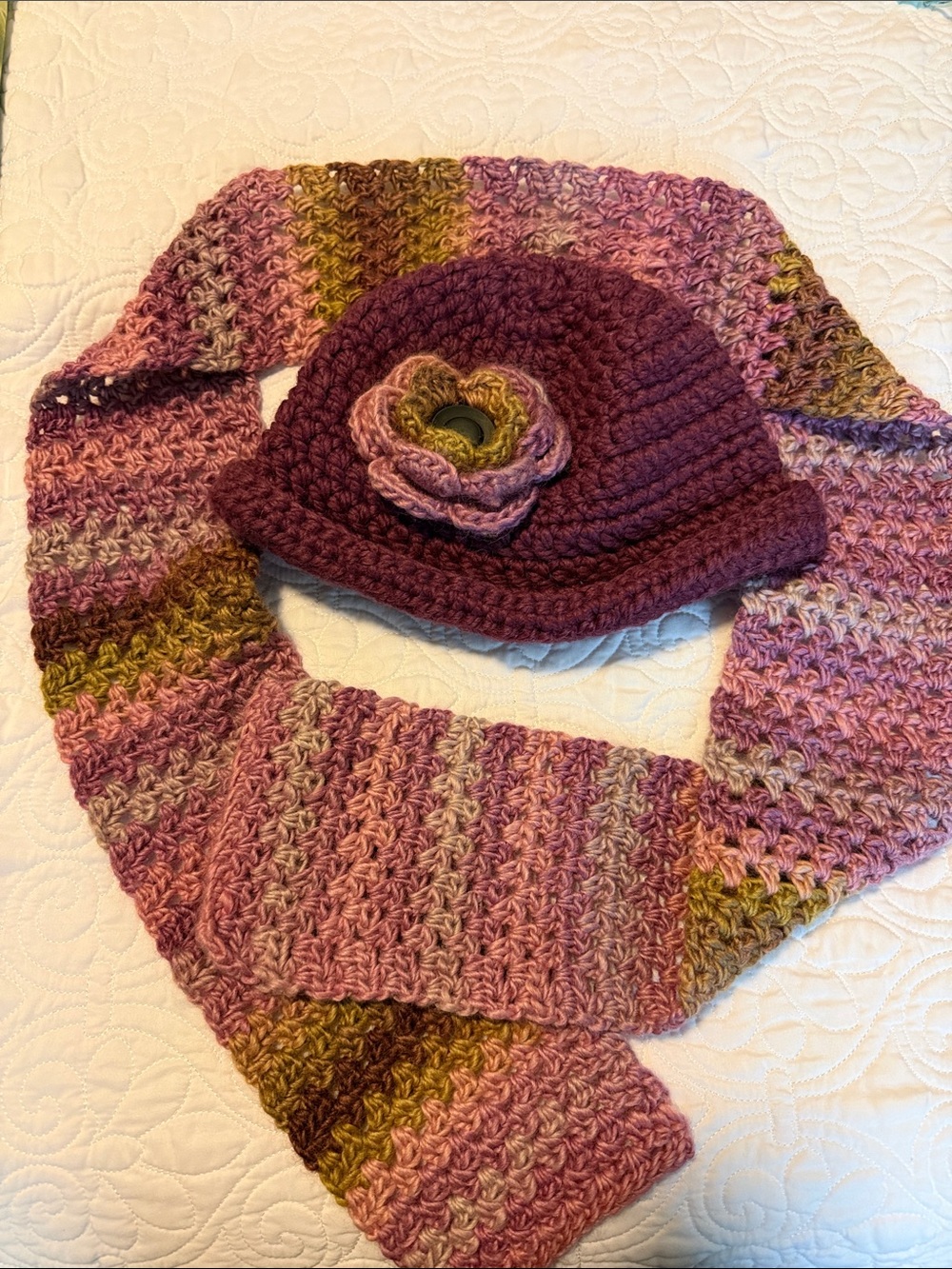 Hand Crafted Plum Flower Beanie with Pink and Olive Multicolor Scarf
